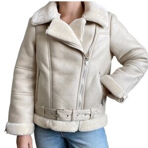 Topshop Womens Beige Faux Leather Shearling Bomber Moto Biker Jacket Sz 4